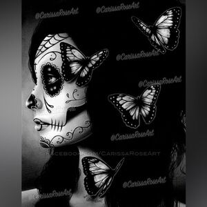 Flutter By | Poster Black & White Day of the Dead Sugar Skull Catrina Butterfly
